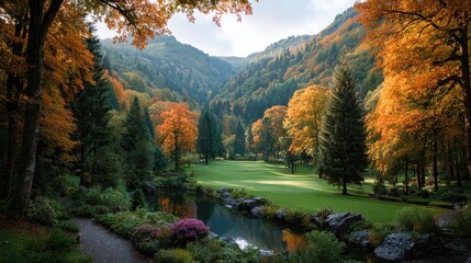 Idyllic Autumn Landscape with Colorful Trees, Pond, and Rolling Hills