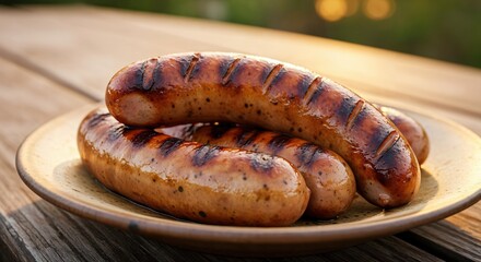 Grilled Sausages on a Plate: A Close-Up of Juicy, Browned Links with Charred Stripes, Set Against a Natural Outdoor Background During Golden Hour