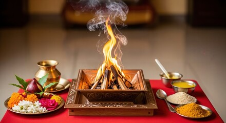 Ceremonial Hindu Havan Puja with Agni Fire and Offerings on a Red Altar Table Featuring Flowers, Rice, and Sacred Herbs