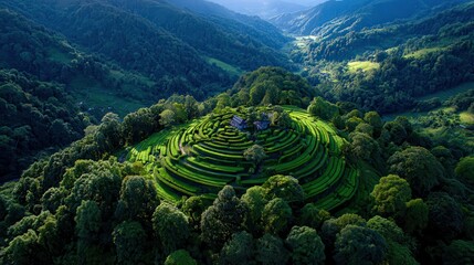 Aerial View of Tea Plantation on Hillside Surrounded by Lush Green Forest