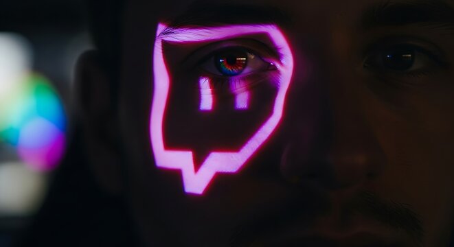 Futuristic portrait of a young man with a glowing neon purple digital chat icon projected onto his face, representing online gaming and streaming