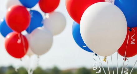 A Vibrant Display of Red, White, and Blue Balloons in the Sky for Celebratory Occasions, Symbolizing Festivity and Joy in Outdoor Gatherings