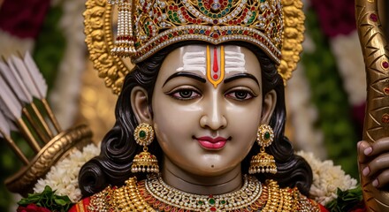 A Detailed Representation of Lord Rama: Hindu God in Traditional Attire, Adorned with Jewelry and a Crown, Surrounded by Floral Decorations