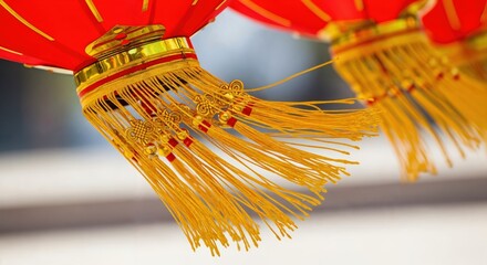 Vibrant Red Lanterns with Delicate Golden Fringes Hanging in a Festive Outdoor Setting, Perfect for Celebrations and Cultural Events