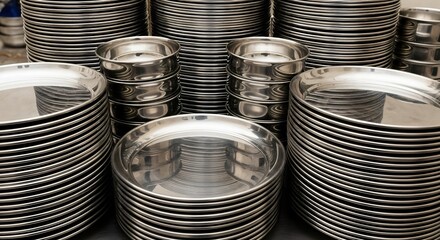 A Large Collection of Shiny Stainless Steel Plates Stacked Neatly in a Culinary Setting, Showcasing Their Reflective Surfaces and Clean Design