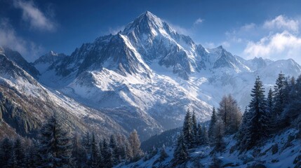 Majestic Snow Capped Mountain Peak with Forest in Winter Landscape