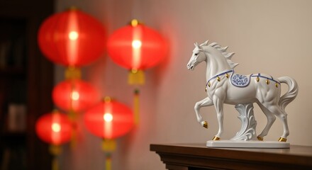 A Delicate White Porcelain Horse Figurine Standing Elegantly on a Wooden Surface with Vibrant Red Chinese Lanterns in the Background, Highlighting Cultural Symbolism