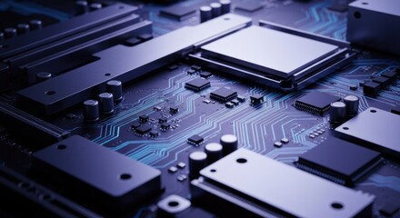 Fototapeta premium Macro shot of a computer motherboard featuring intricate circuitry and integrated components