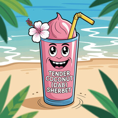 Tropical coconut cocktail drink vector illustration on a summer beach with a leaf and a flower