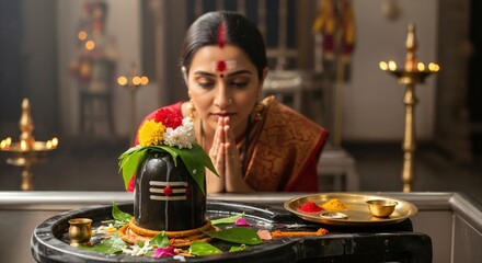 A Young South Asian Woman Praying Devotedly Before a Shivling in a Decorated Worship Space, Surrounded by Flowers and Traditional Offerings