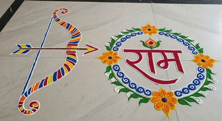 Vibrant Traditional Rangoli Design Featuring Bow and Arrow with Floral Patterns and Hindi Text Representing Lord Ram, Crafted on a Marble Surface