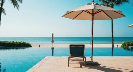 Luxury resort with infinity pool overlooking a serene beach under a sun umbrella