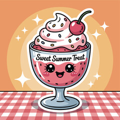 Pink strawberry ice cream dessert illustration with a cherry on top and chocolate shavings in a glass cup, a sweet and delicious food vector design