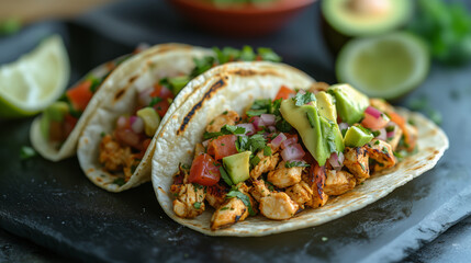 Delicious Chicken Tacos Topped with Avocado on Dark Plate Culinary Still Life
