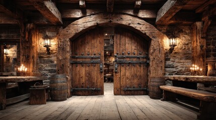 Fototapeta premium Rustic Medieval Tavern Interior with Open Wooden Doors and Candlelight