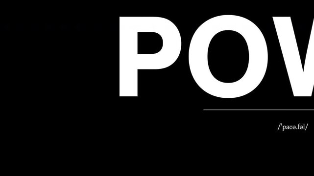 Animated kinetic typography of the word Powerful scrolling in bold black and white dictionary style with phonetic pronunciation and definition. Seamless loop for corporate and motivational videos