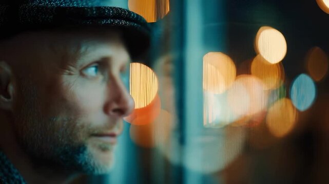 A man with a gray beard and flat cap gazes out a window at the blurred city lights of night.