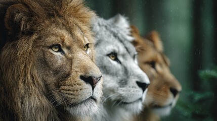 Three Lions in a Row, Close-up Portrait of Majestic Wild Animals
