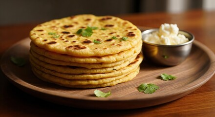Delicious Stack of Golden-Crisped Indian Flatbreads with Fresh Mint Garnish and Creamy Accompaniment on a Wooden Plate
