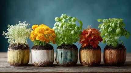 Row of Potted Herbs and Flowers on Rustic Wooden Tabletop