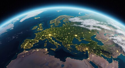 Nighttime view of Europe from space, showing city lights across land and oceans
