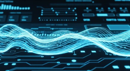 Neon blue data visualization of waveforms & circuit board detail