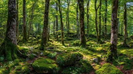 Obraz premium Lush Green Forest Interior with Sunlight Filtering Through Dense Foliage