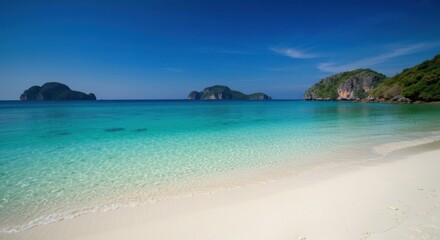 Fototapeta premium Scenic beach vista with turquoise waters, islands, lush hills, and clear sky