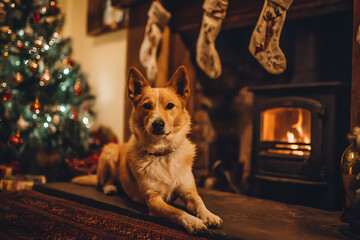 Festive dog portrait with Christmas tree and fireplace, creating a cozy and warm holiday atmosphere.