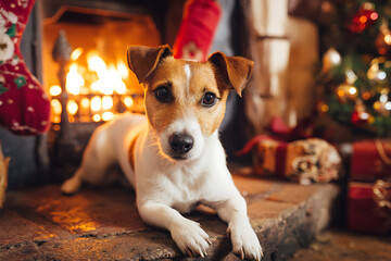 A charming Jack Russell Terrier dog lies contentedly near a warm fireplace during the Christmas season.
