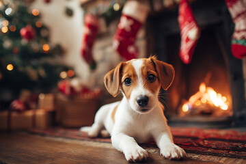 Adorable Jack Russell puppy resting near a fireplace decorated for Christmas, creating a cozy and festive atmosphere.