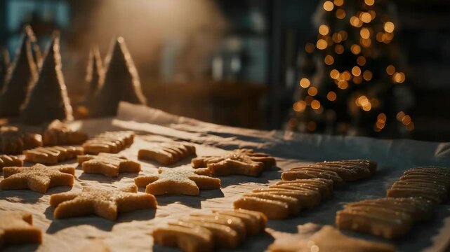 Star-shaped and other Christmas cookies laid out on a baking tray, with a warmly lit Christmas tree in the background.