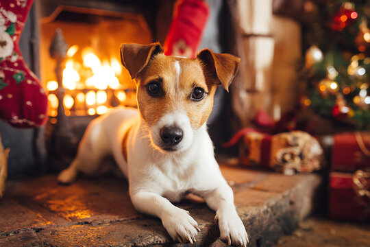 A charming Jack Russell Terrier dog lies contentedly near a warm fireplace during the Christmas season.