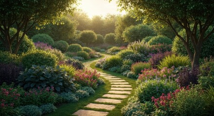 Serene garden scene, winding stone path amidst colorful flowerbeds and lush greenery