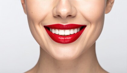 Obraz premium Radiant Red Smile: An intimate close-up of a woman's captivating smile, highlighting her perfectly aligned teeth and vibrant red lipstick. The image evokes feelings of confidence, beauty, and joy.