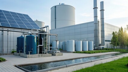 greywater recycling system Modern industrial facility showcasing solar panels and large storage tanks amidst green landscaping.