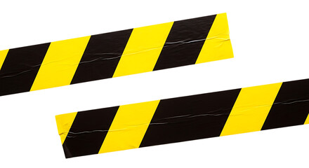 Two strips of black and yellow hazard warning tape diagonal pattern isolated on white background