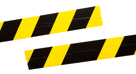 Two strips of black and yellow hazard warning tape diagonal pattern isolated on white background