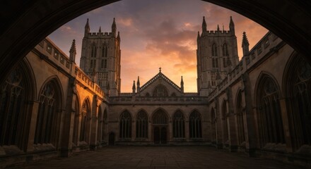 Fototapeta premium Stone cathedral courtyard at dusk, towers reaching a sunset-colored sky, seen through arches