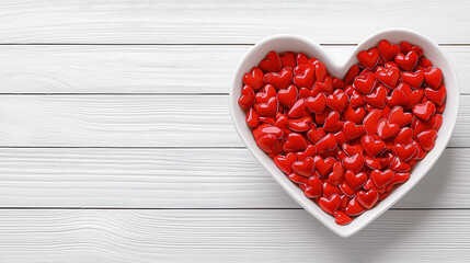 Heart-shaped bowl filled with red love tokens