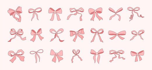 Vector set of whimsical pink coquette bows and ribbons in hand-drawn style. Perfect for feminine design, packaging, bachelorette, wedding decor, cards, and branding projects