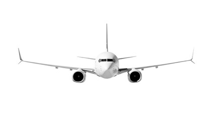 White airplane Boeing 737 Max 737-8 front view angle isolated on a transparent background. Modern passenger jet airplane.