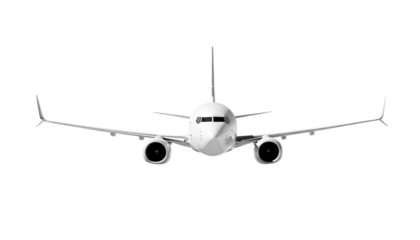 White airplane Boeing 737 Max 737-8 front view angle isolated on a transparent background. Modern passenger jet airplane.