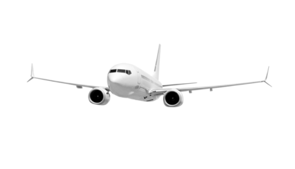 White airplane Boeing 737 Max 737-8 front view angle isolated on a transparent background. Modern passenger jet airplane.