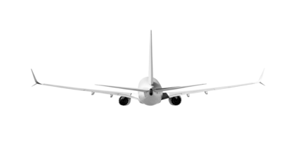 White airplane Boeing 737 Max 737-8 rear back view angle isolated on a transparent background. Modern passenger jet airplane.