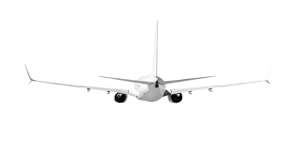 White airplane Boeing 737 Max 737-8 rear back view angle isolated on a transparent background. Modern passenger jet airplane.