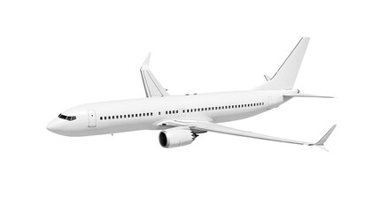 White airplane Boeing 737 Max 737-8 side view high angle isolated on a transparent background. Modern passenger jet airplane.