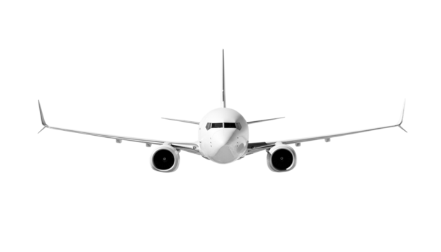 White airplane Boeing 737 Max 737-8 front view angle isolated on a transparent background. Modern passenger jet airplane.