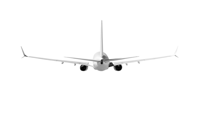 White airplane Boeing 737 Max 737-8 rear back view angle isolated on a transparent background. Modern passenger jet airplane.