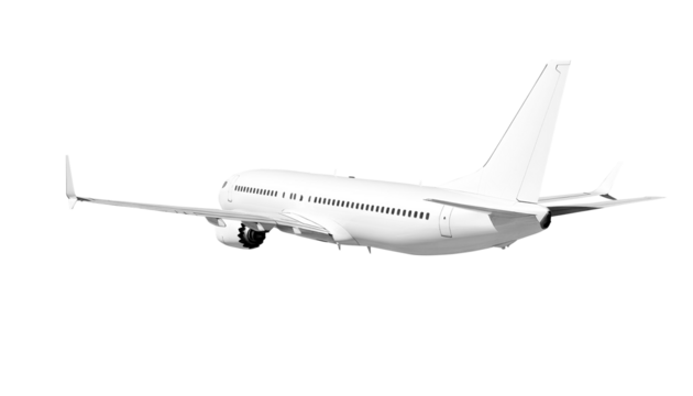 White airplane Boeing 737 Max 737-8 corner back view angle isolated on a transparent background. Modern passenger jet airplane.